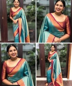 Flaunt Firozi Soft Banarasi Silk Saree With Unique Blouse Piece