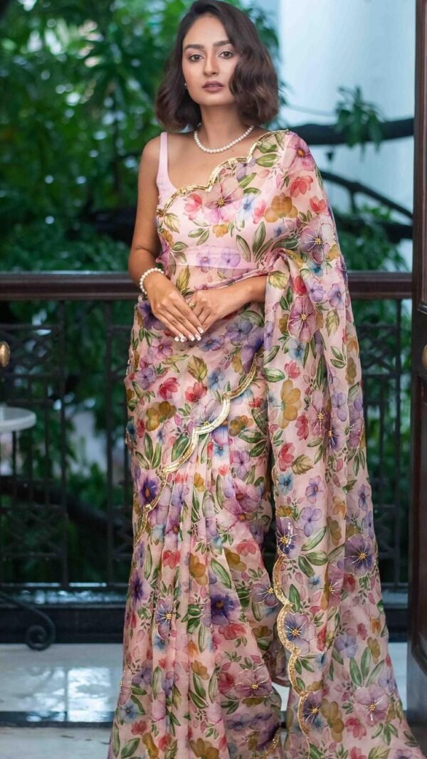 Pure Organza Floral Digital Print Saree with Handwork