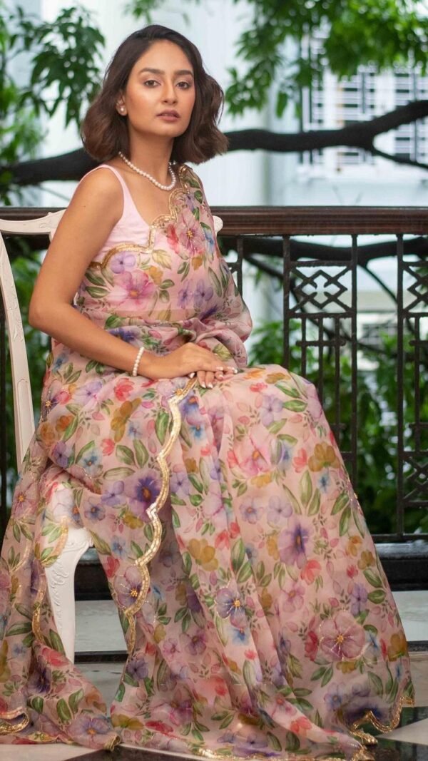 Pure Organza Floral Digital Print Saree with Handwork