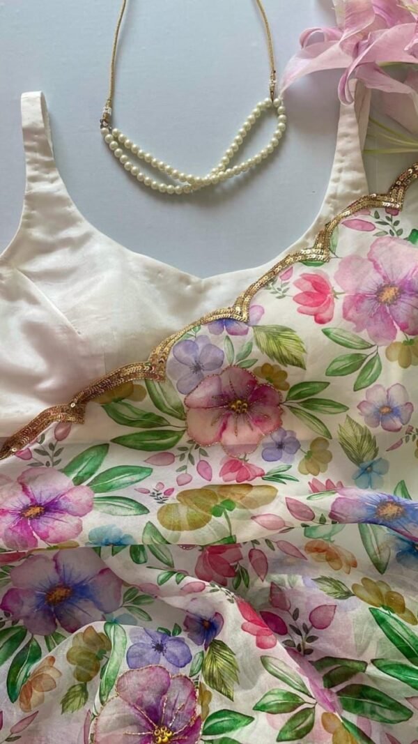 Pure Organza Floral Digital Print Saree with Handwork