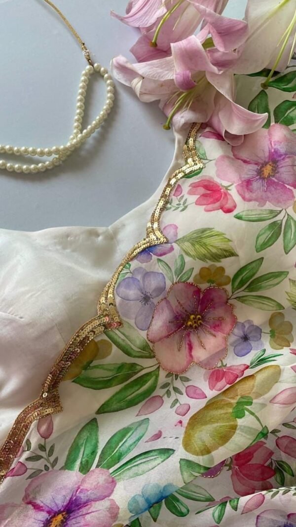 Pure Organza Floral Digital Print Saree with Handwork