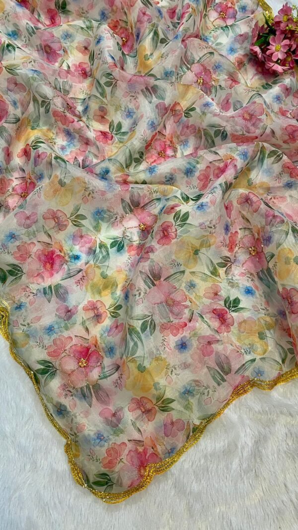 Pure Organza Floral Digital Print Saree with Handwork