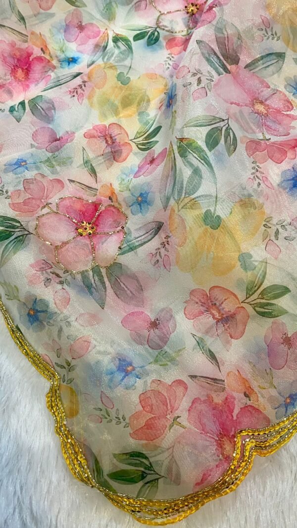 Pure Organza Floral Digital Print Saree with Handwork