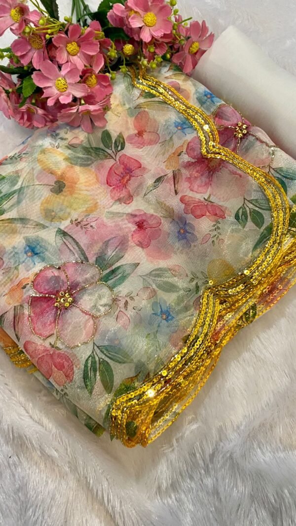 Pure Organza Floral Digital Print Saree with Handwork