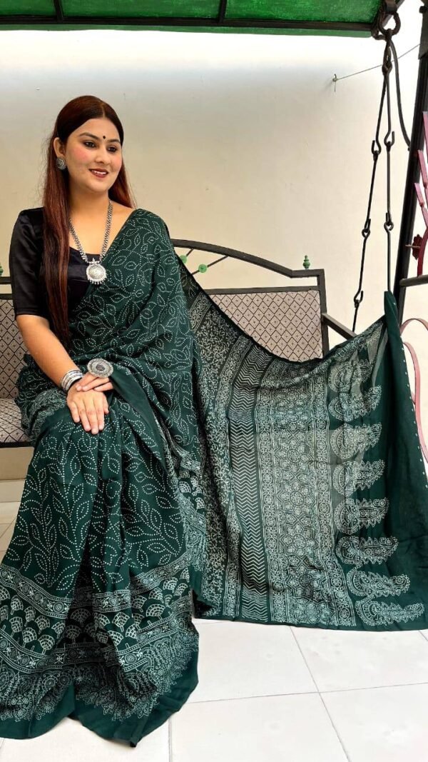 Ajio Designer Sarees Ajrakh Digital Print Muslin fabric Saree