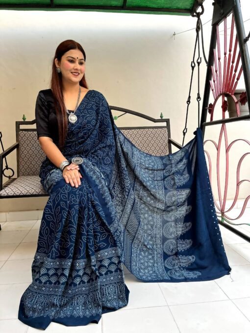 Chikankari Designer Sarees Ajrakh Digital Print Muslin fabric Saree