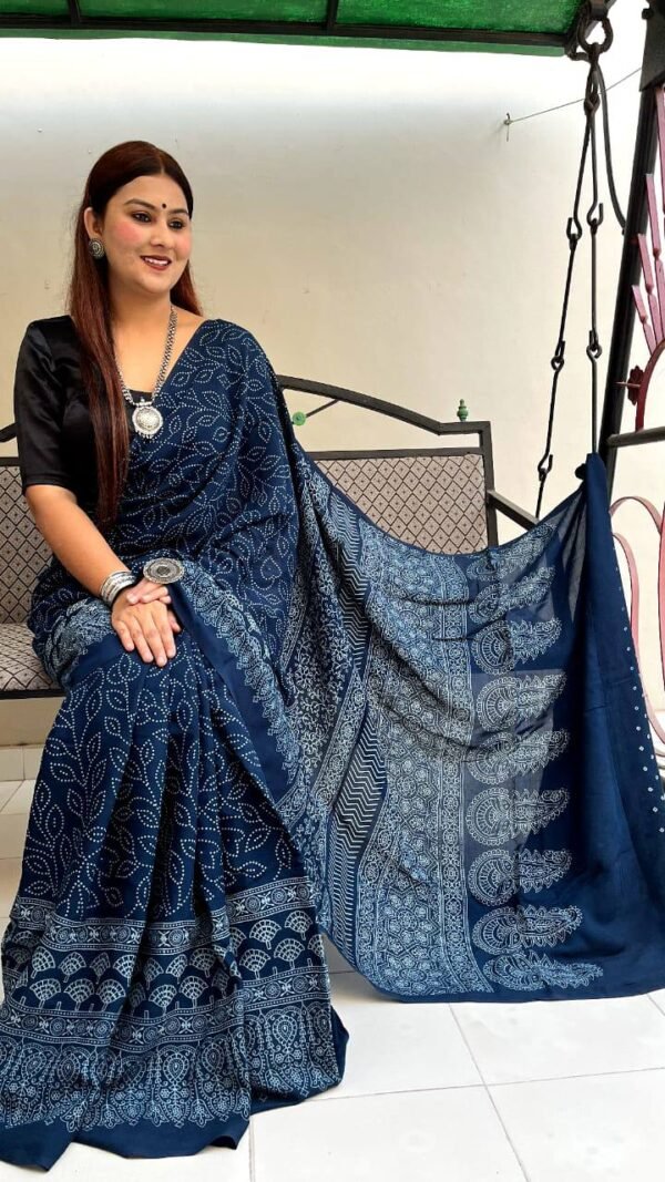 Chikankari Designer Sarees Ajrakh Digital Print Muslin fabric Saree