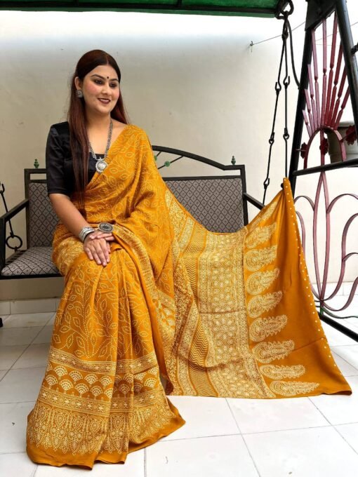 Designer Sarees Ready To Wear Ajrakh Digital Print Muslin fabric Saree