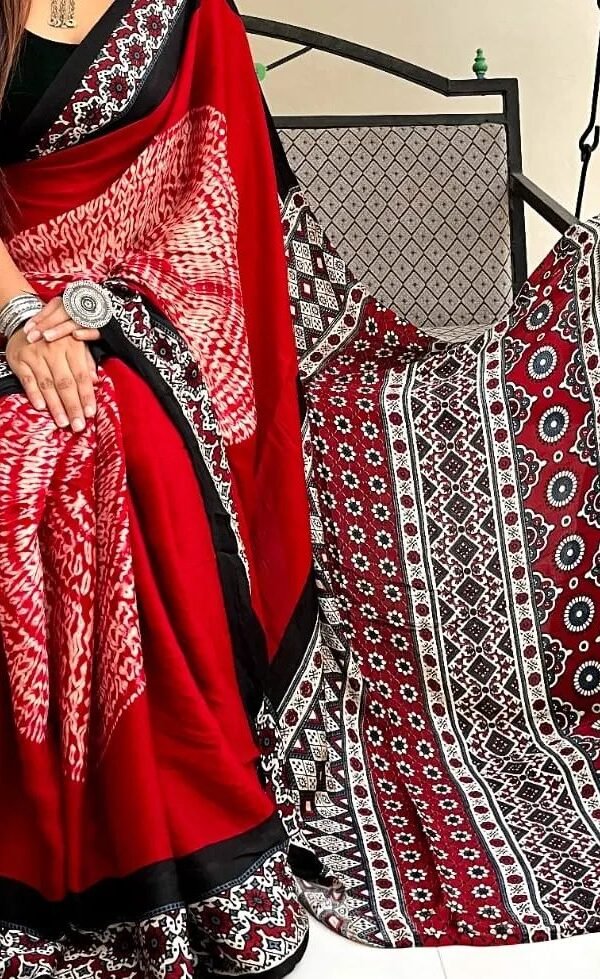 Designer SareesWith Heavy Blouse Ajrakh Digital Print Muslin fabric Saree