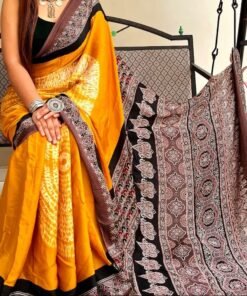 Heavy Designer SareesFor Wedding Ajrakh Digital Print Muslin fabric Saree