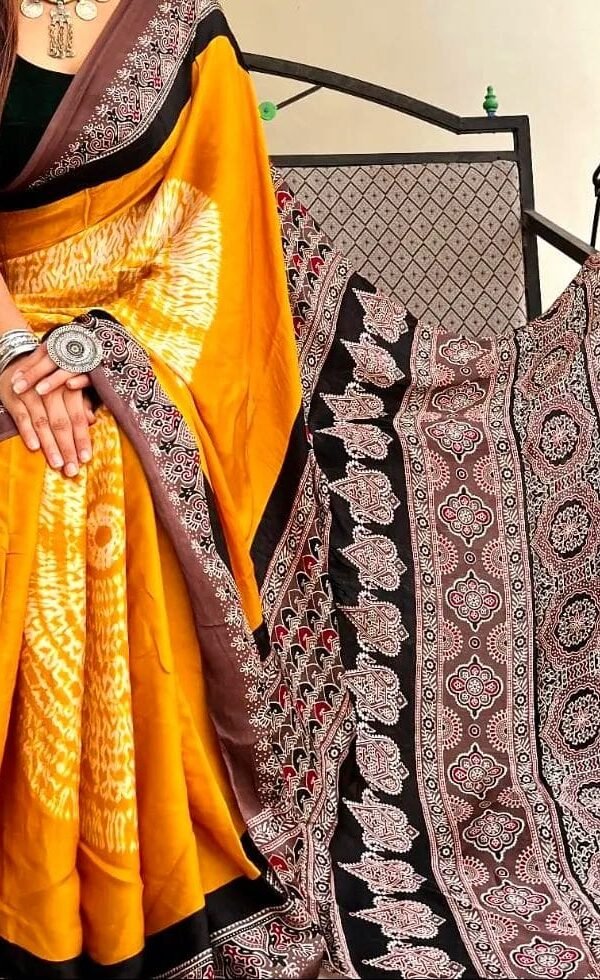 Heavy Designer SareesFor Wedding Ajrakh Digital Print Muslin fabric Saree